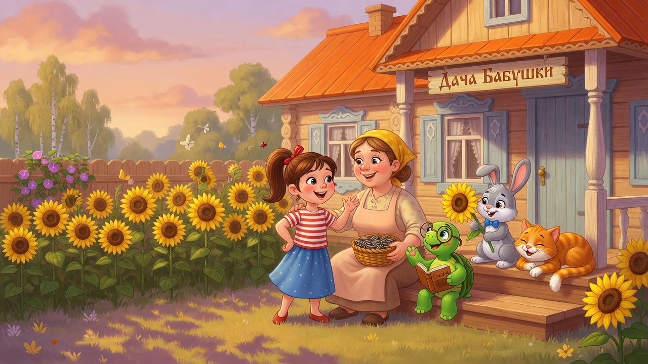 Katya and her friends gathered in a sunny dacha garden full of sunflowers
