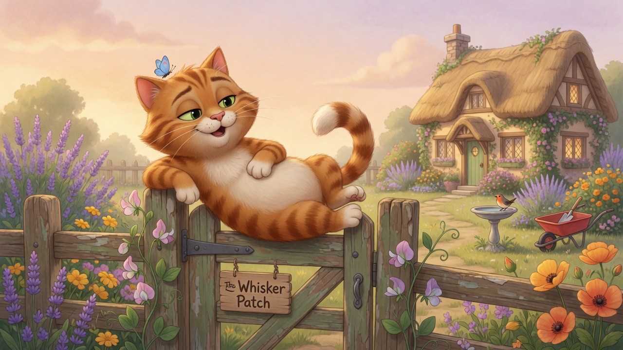 Norton the Cat, a clever orange tabby lounging on a garden fence